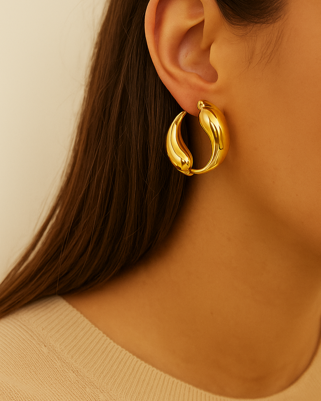 **Title:** "Iris Elegance Earrings"  
**Description:** Adorn your ears with the stunning Iris earrings, a perfect blend of grace and charm. Designed for the modern woman who loves to shine.  

**Title:** "Bella Chic Hoops"  
**Description:** Elevate your