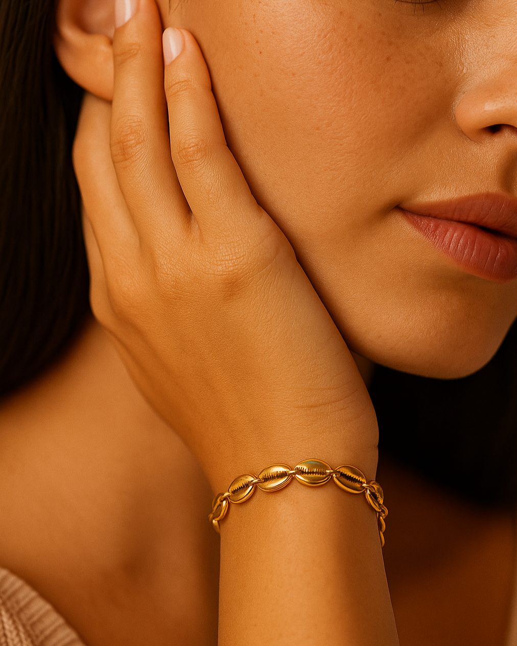 **Shell Charm Bracelet**  
Introducing "Emma's Elegance" – A stunning bracelet crafted from exquisite shells, perfect for adding a touch of coastal charm to any outfit.  
  
**Coastal Shell Bracelet**  
Meet "Sophia's Delight" – This beautiful bracelet, m