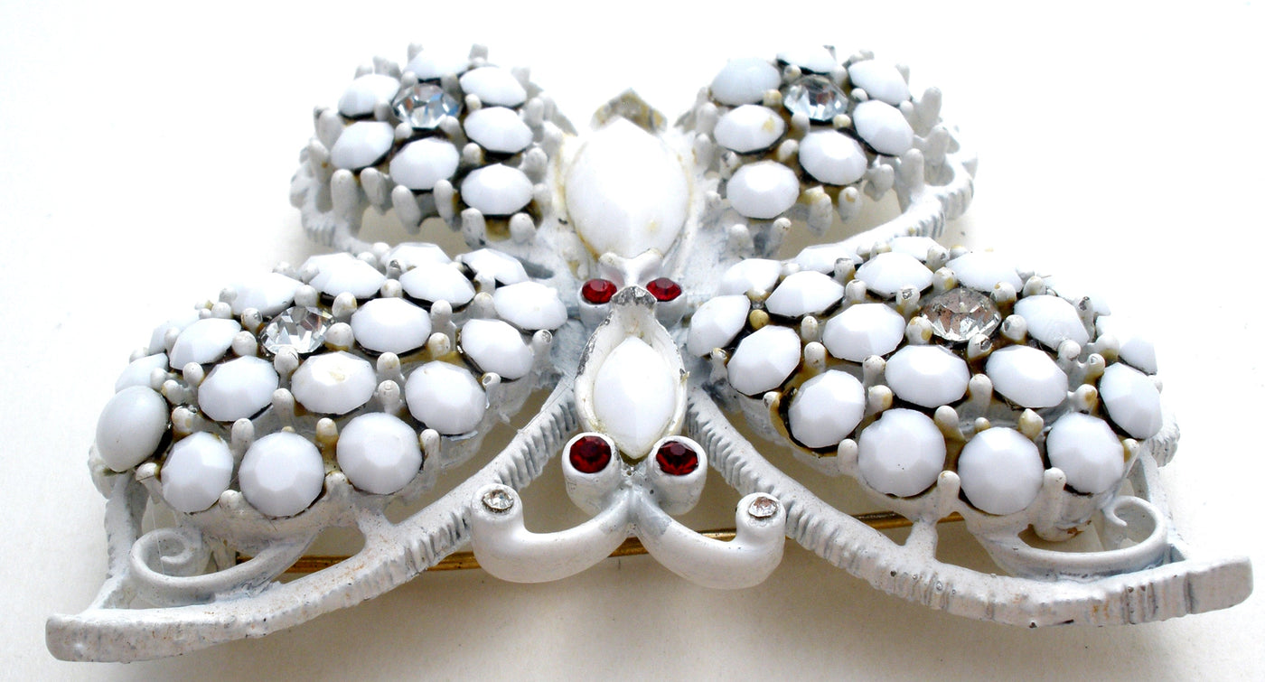 Καρφίτσα Weiss Milk Glass με στρας και πεταλούδα Vintage