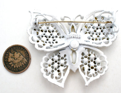 Καρφίτσα Weiss Milk Glass με στρας και πεταλούδα Vintage