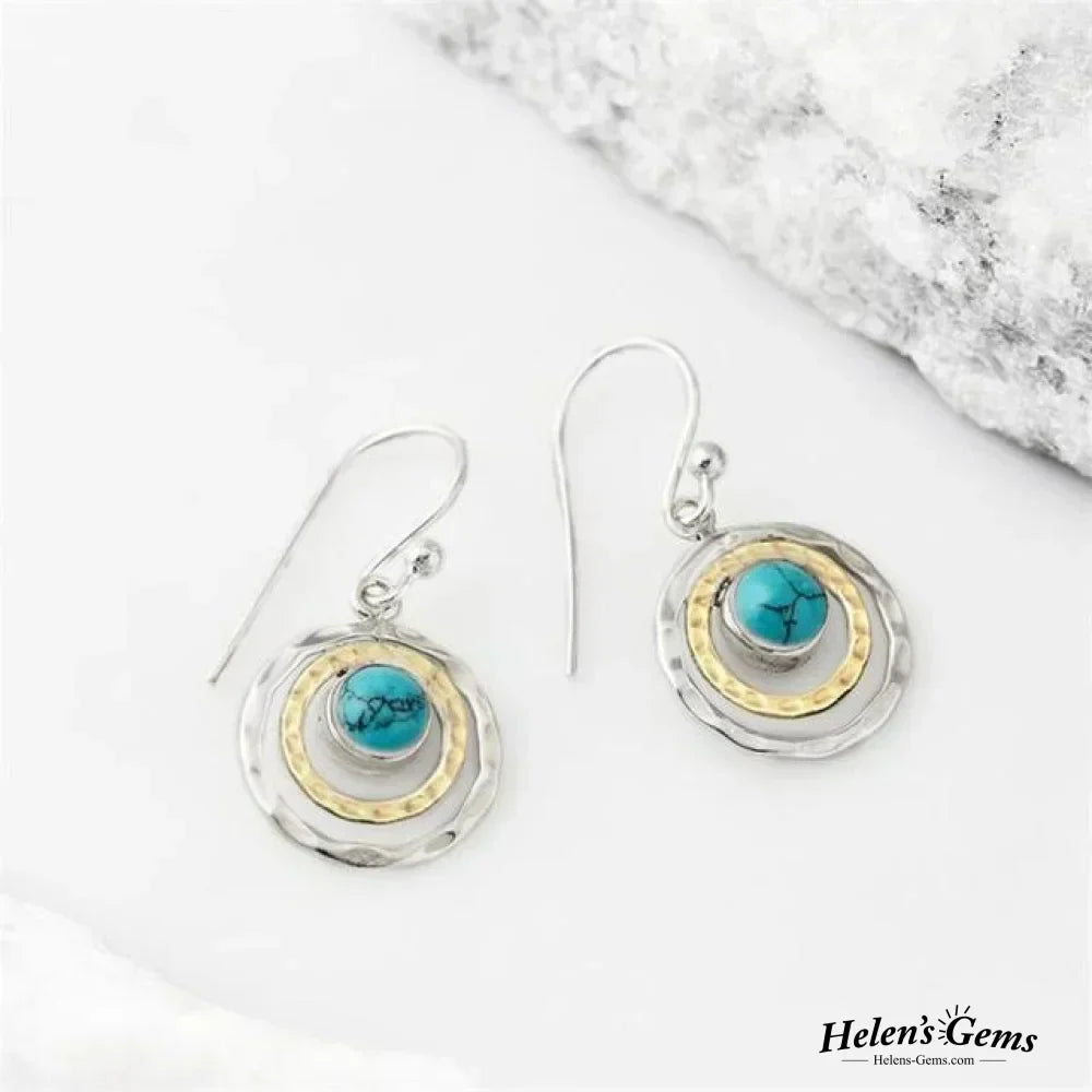Σκουλαρίκια Boho Saturn με Τυρκουάζ Πέτρα σε Ασήμι και Χρυσό